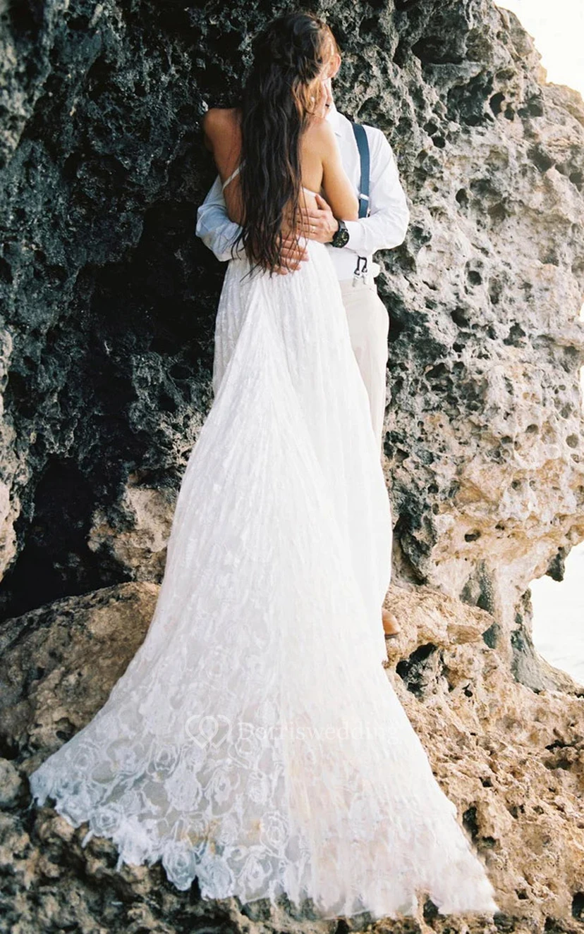 Robe de mariée sexy à bretelles spaghetti et fente sur le devant, sans manches et dentelle. view 6
