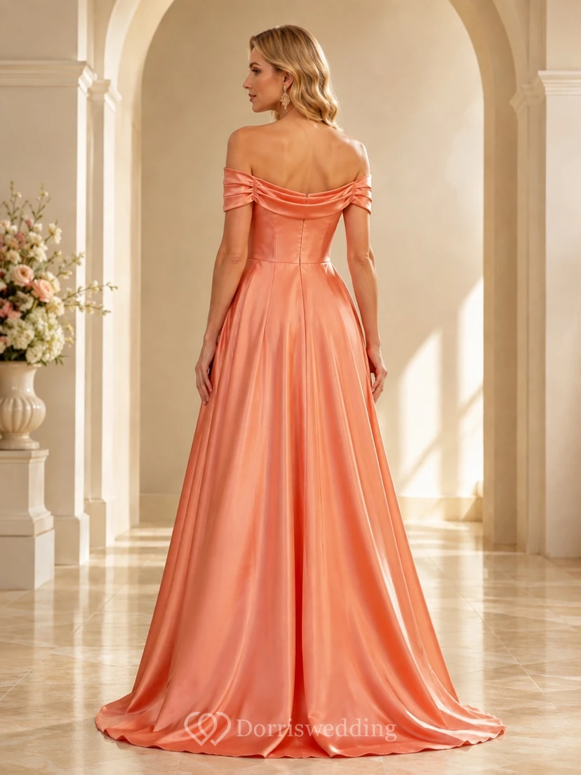 Coral Satin Off-the-shoulder Pleated Floor-length Ball Gown Elegant Formal Dress view 2