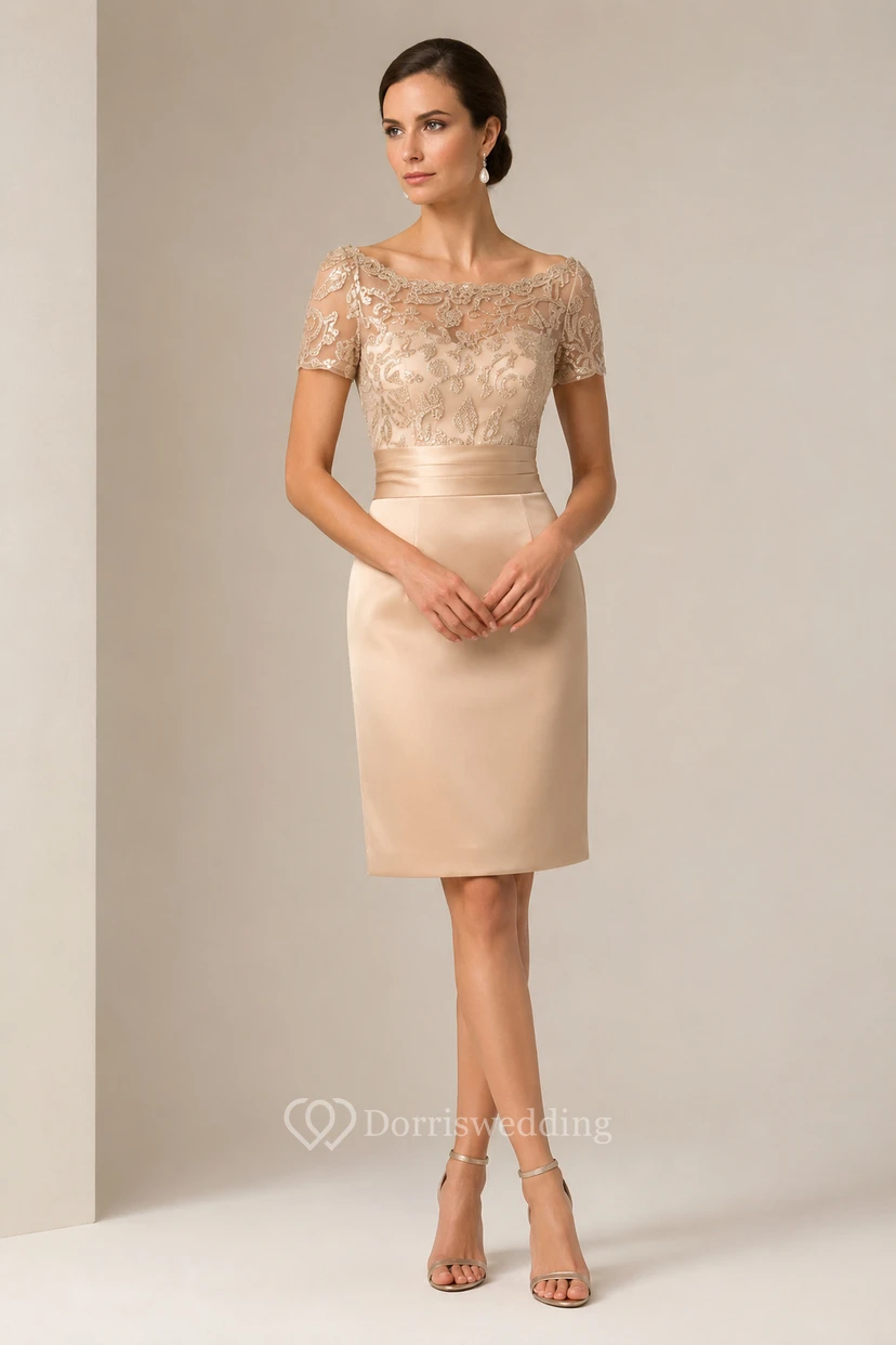 Short-Sleeved Knee-Length Mother Of The Bride Dress With Sequins And Illusion Style view 13