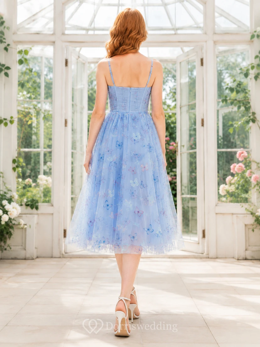 Blue Butterfly Print Tulle Greenhouse Party Midi Dress view 2