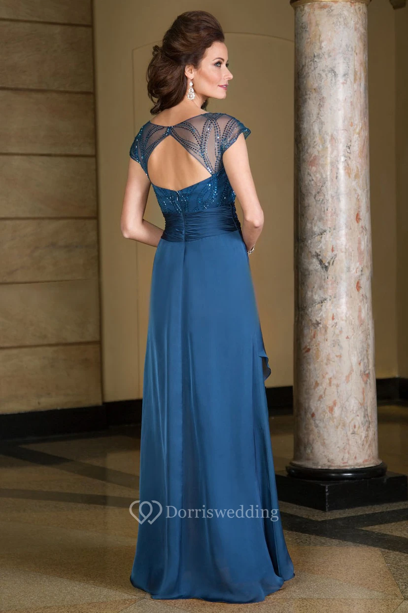 Cap-Sleeved V-Neck Long Mother Of The Bride Dress With Ruffles And Sequins view 2