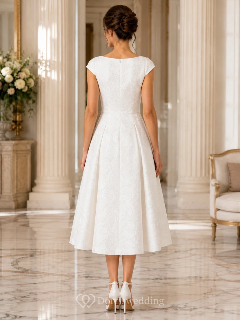 Robe blanche en satin à manches bateau et coupe trapèze, longueur thé view 2