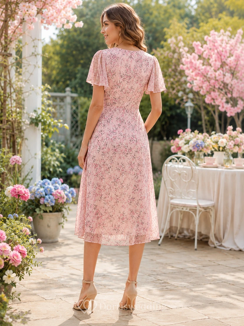Robe de maternité rose à fleurs, portefeuille, col en V, manches à volants, en mousseline, longueur thé view 2