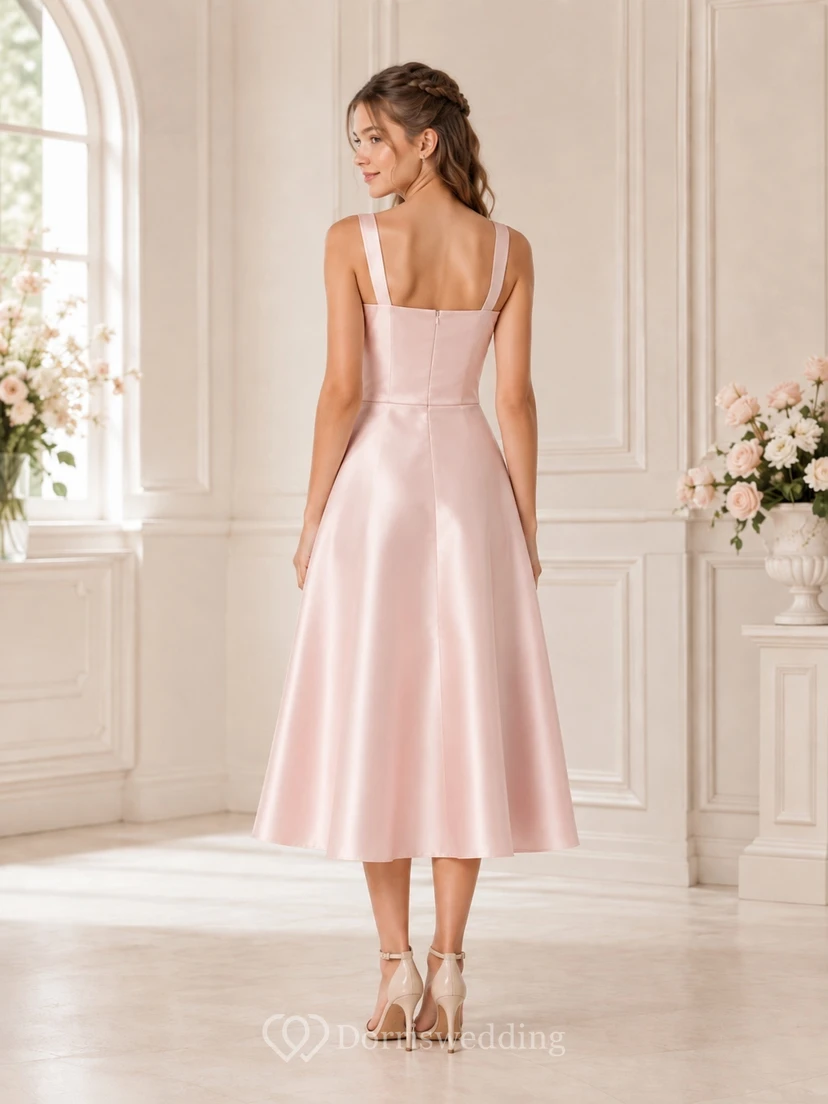 Modernes, ärmelloses, perlmuttrosa Satin-Brautjungfernkleid in A-Linie und Teelänge view 2
