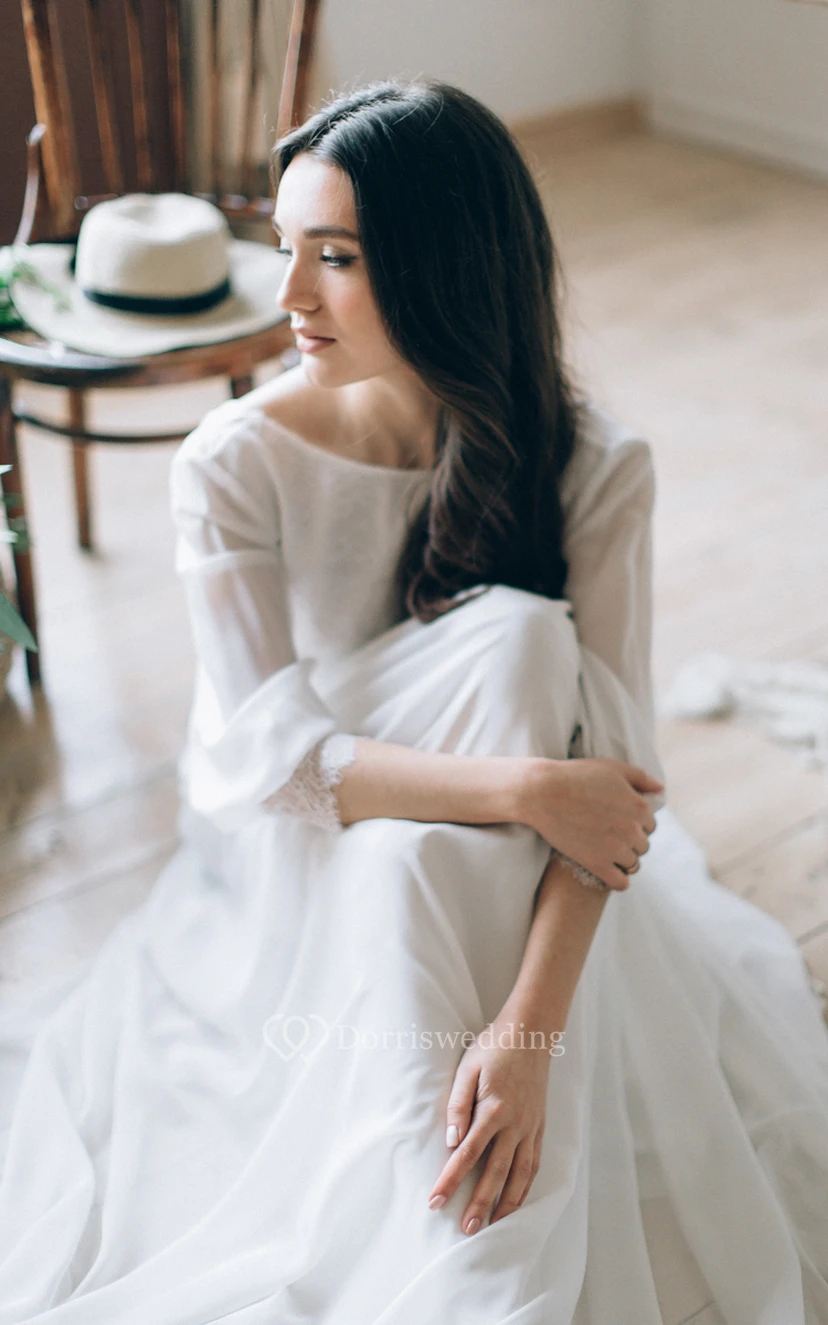 Scoop-neck Long Sleeve Chiffon Deep-v Neck Casual Wedding Dress with Deep-v Back view 3