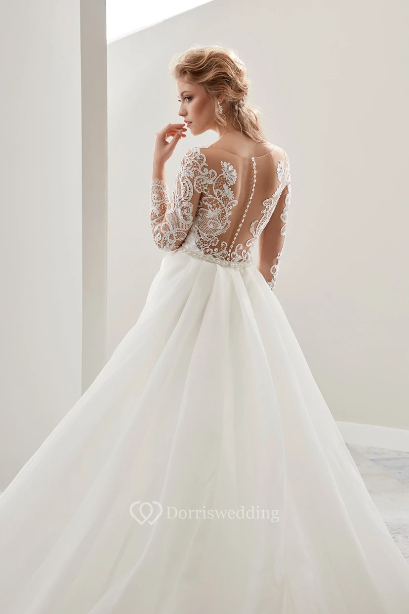 Illusion Long-Sleeve Jewel-Neck Gown With Detachable Train And Pearl Belt view 2