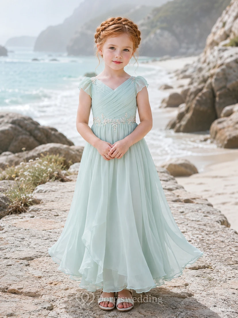 Blumenmädchenkleid aus salbeigrünem Chiffon-Tüll in A-Linie mit Rundhalsausschnitt und knielanger Silhouette, verziert mit einer Schärpe