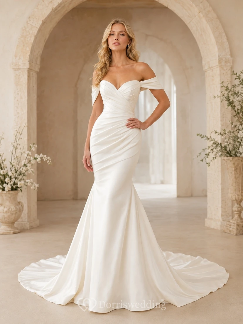 Vestido de novia sencillo, corto, hasta el suelo, estilo sirena/trompeta, para ceremonia formal o ceremonia nupcial.