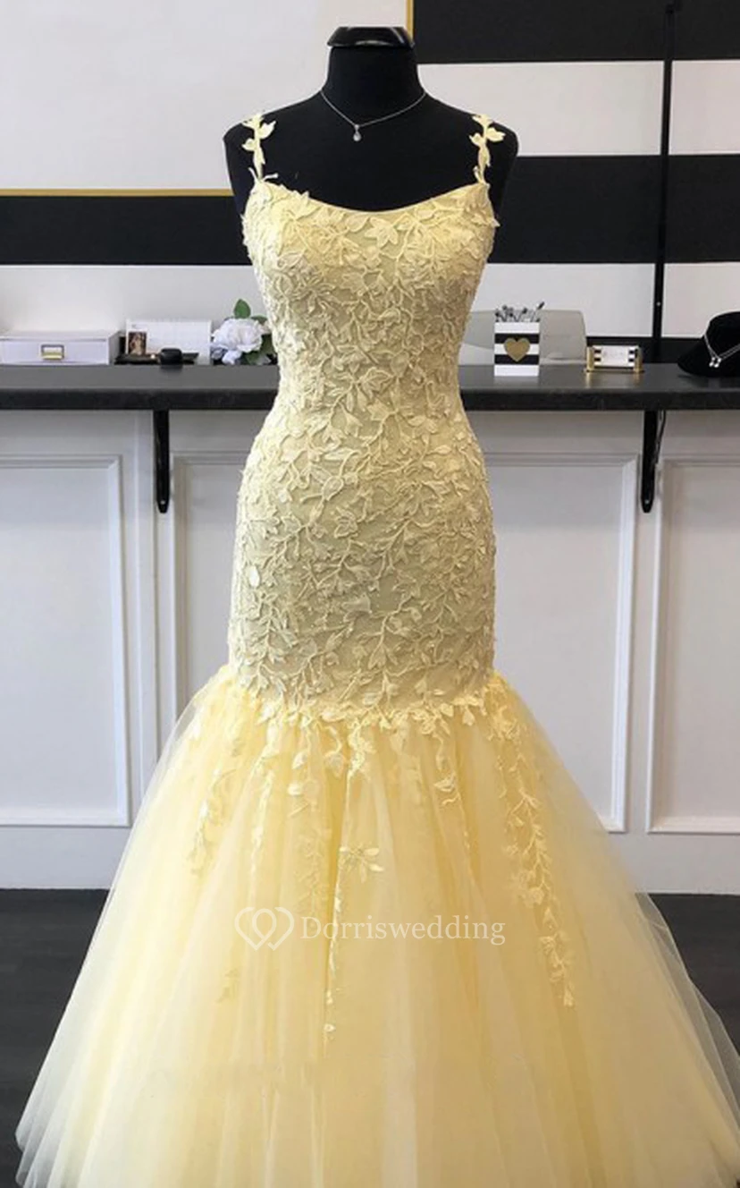 Sexy Meerjungfrauen-Abendkleid aus Spitze und Tüll, ärmellos, Spaghettiträger, Applikationen view 3