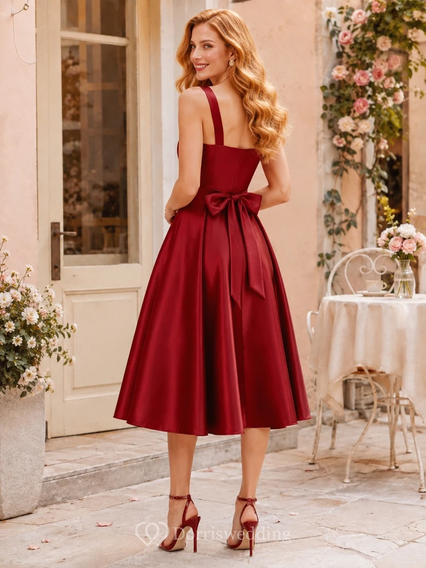 Elegant Red Square Neck Sleeveless Satin A-Line Tea-length Formal Dress view 2