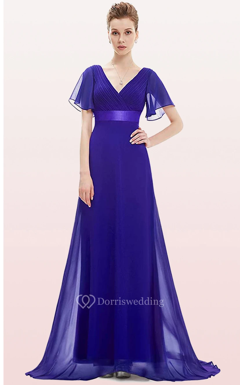 Elegant Chiffon V-neck A Line Short Sleeve Prom Mother Dress With Ruffles view 14