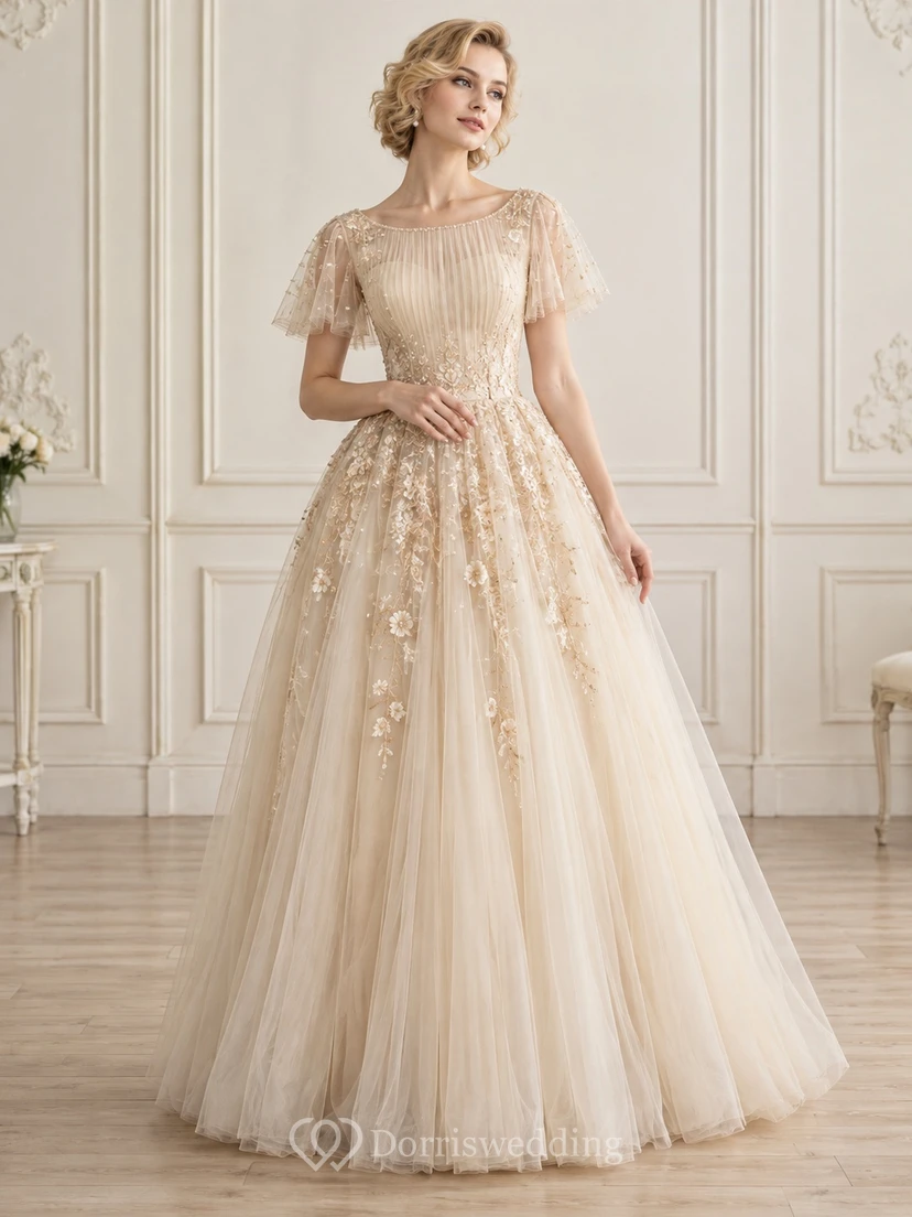 Victorian Pleated Bodice Lace Flutter Sleeve Tulle A-line Wedding Dress