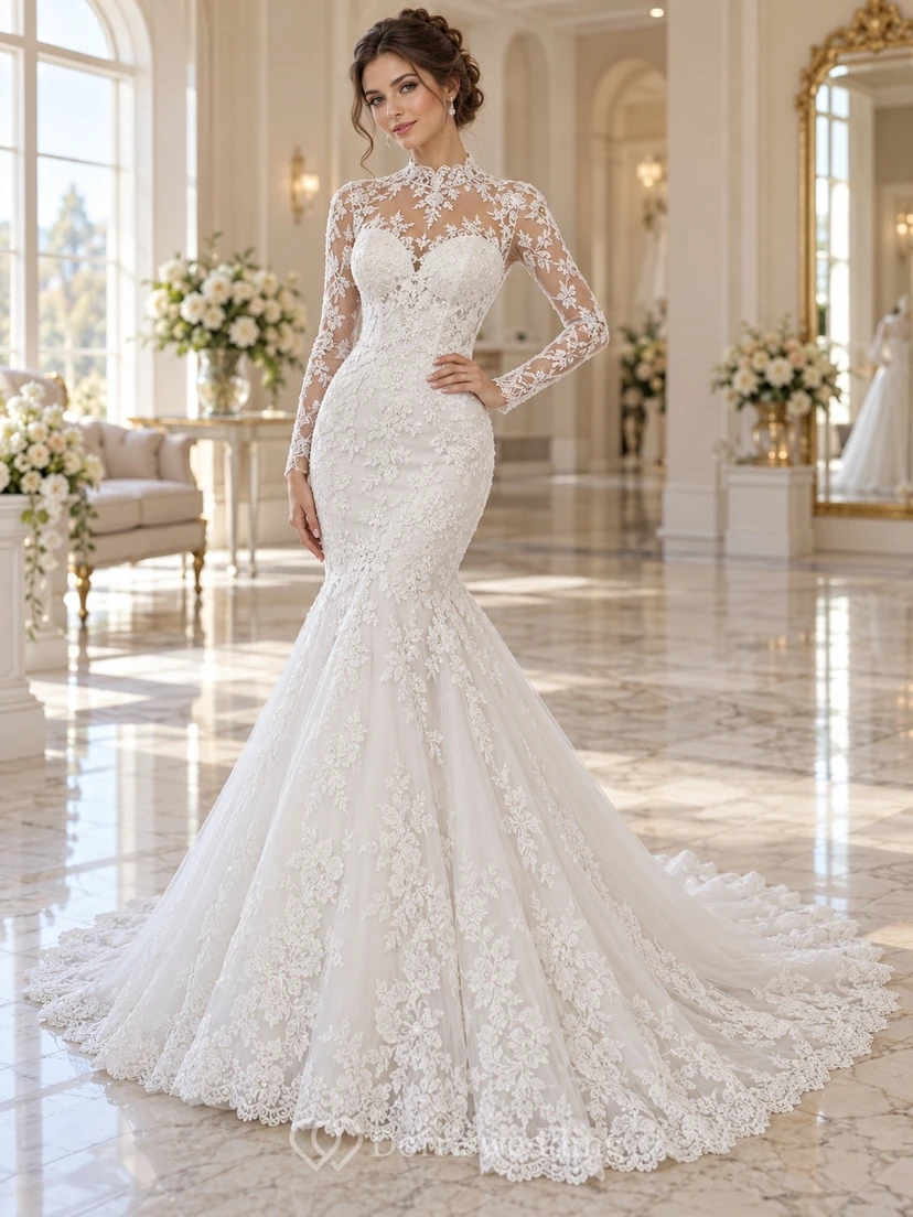 Mermaid High Neck Long Sleeve Illusion Lace Bridal Wedding Dress