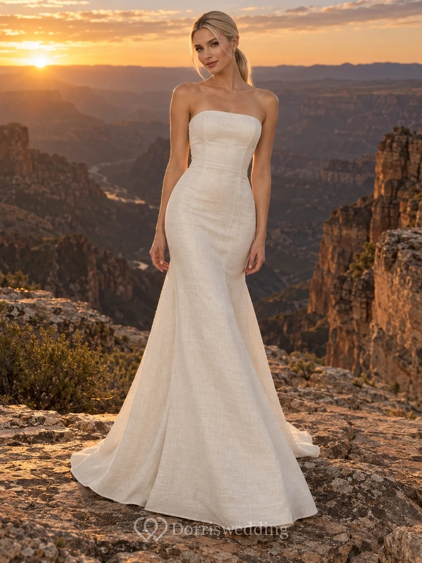 Vestido de novia de sirena sin tirantes, confeccionado en lino, con corpiño ajustado y espalda en V.