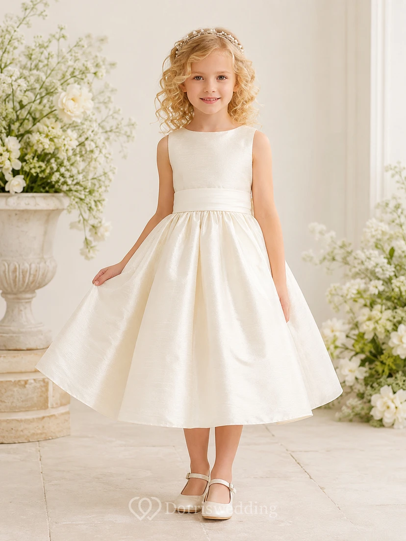 Luxury Silk Dupioni Jewel Neck Sleeveless Bow Tea-Length A-Line Formal Flower Girl Dress