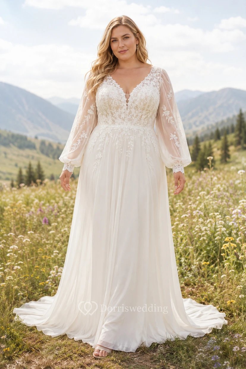 Plus Size Ivory V-Neck Long Sleeve Chiffon A-Line Wedding Dress