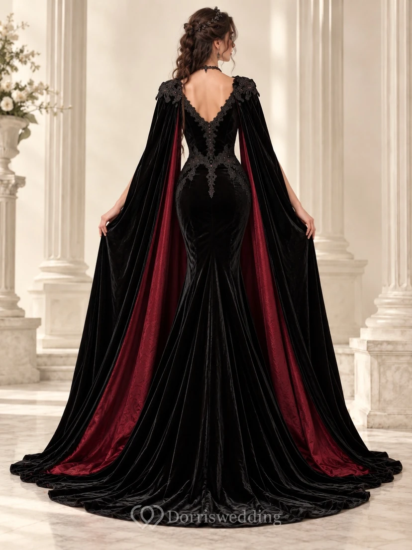Robe de soirée gothique en velours noir à col en V et doublure contrastée, style cape view 2