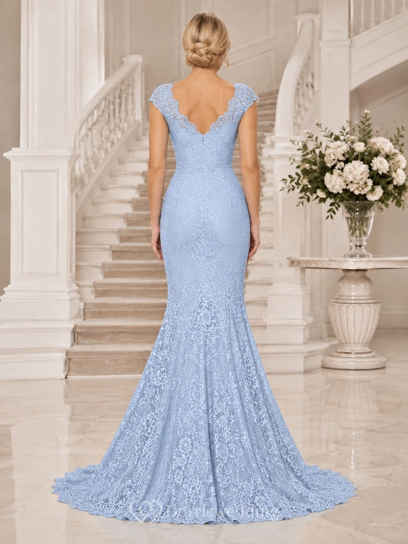 Luxury Light Blue Lace Mermaid Floor-Length V-Neck Cap Sleeve Formal Dress view 2