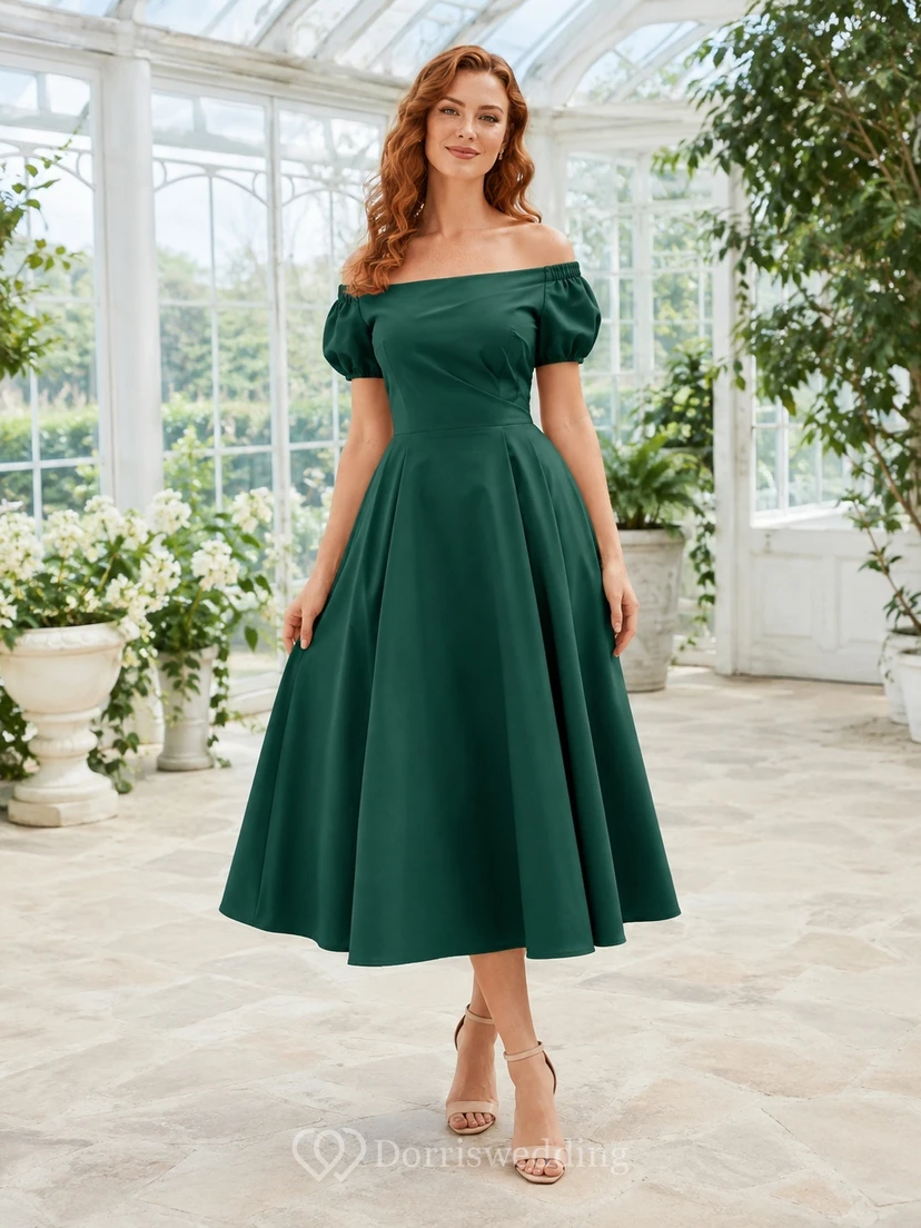 Dark Green Off-the-shoulder Puff Sleeve Tea-length Satin A-line Vintage Dress