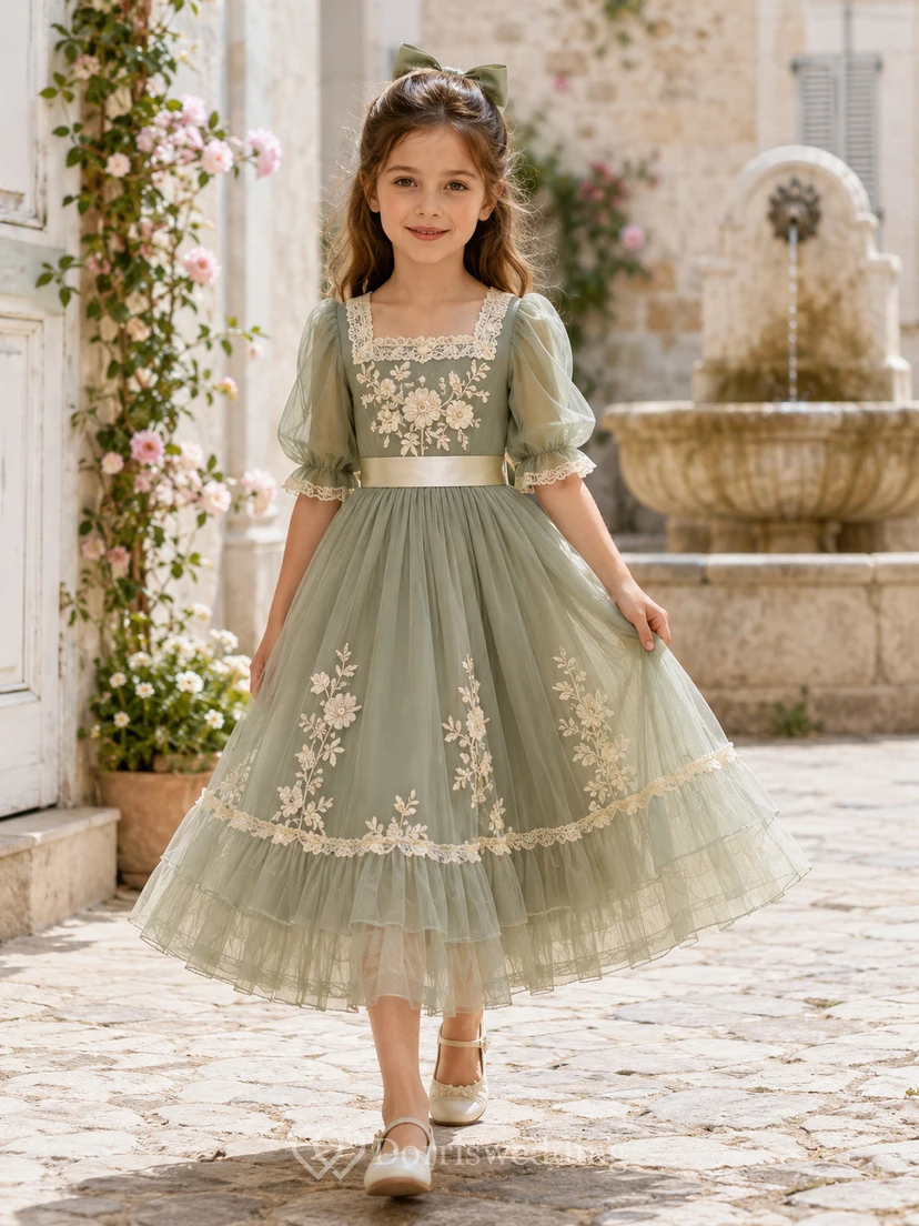 A-Line French Vintage Flower Girl Dress with Square Neckline, Puff Sleeves, Floral Lace, Satin Sash, Tea-Length Garden Style