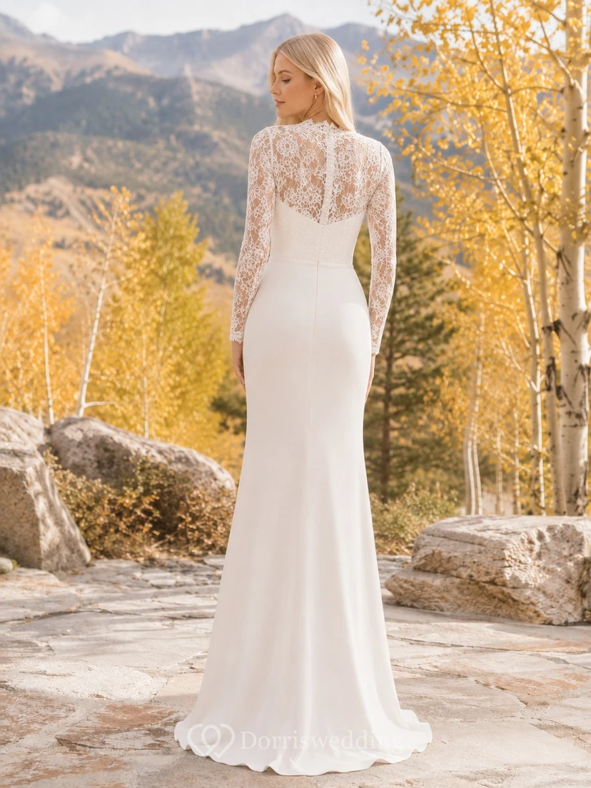 Modest High-Neck Long-Sleeve Lace Sheath Floor-Length Elopement Wedding Dress view 2