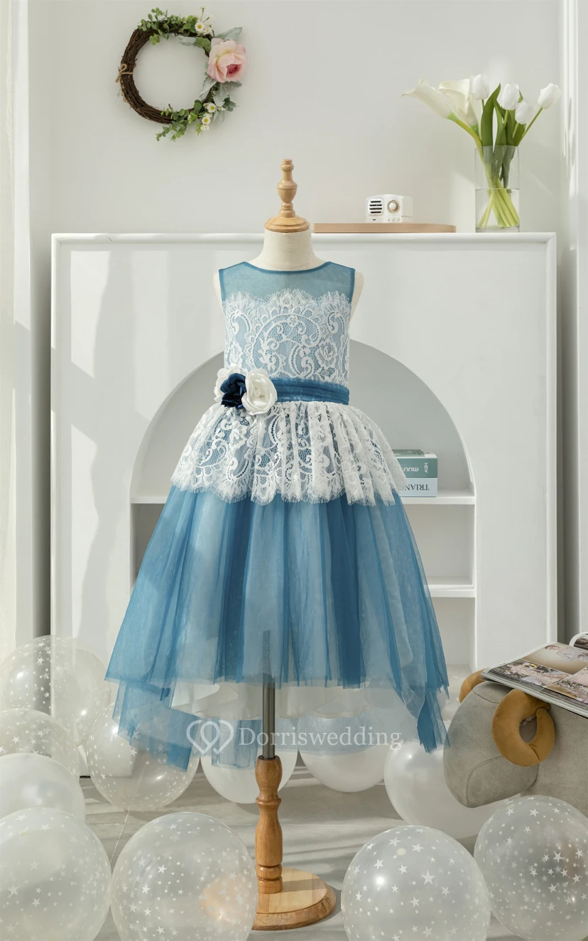 Lace Two-Tone White and Blue Ball Gown Flowergirl Dress with Petals video preview