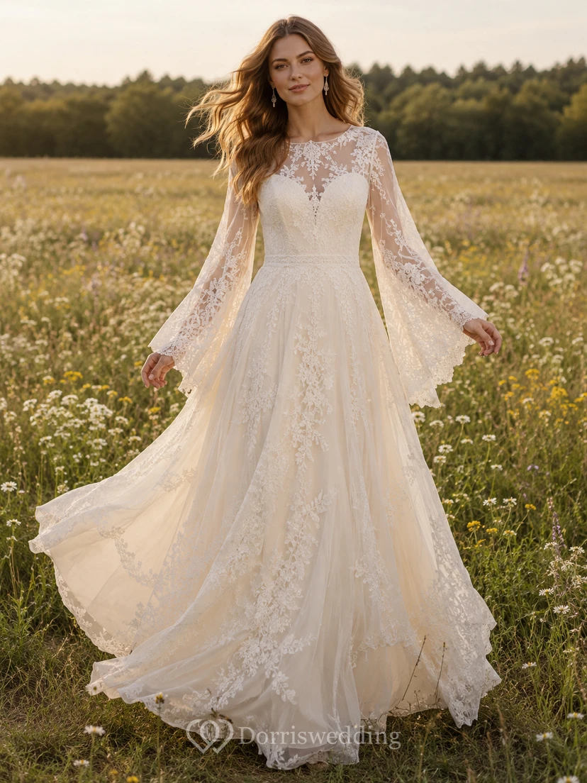 Boho Illusion Bateau Long Bell Sleeve Lace Tulle A-Line Wedding Dress
