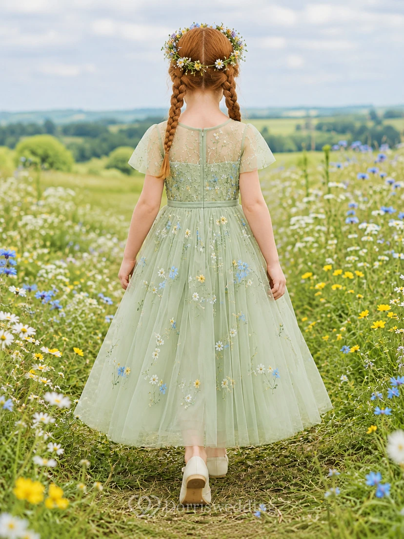 A-Line Flowergirl Sage Tulle Floor-Length Floral Applique Flutter Sleeve Wildflower Wedding Dress view 2