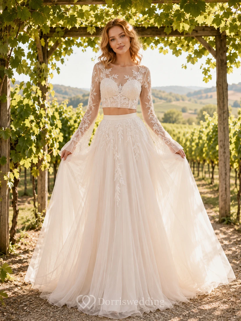 Boho-Zweiteiler-Hochzeitskleid aus Spitze und Tüll in A-Linie mit langen Ärmeln