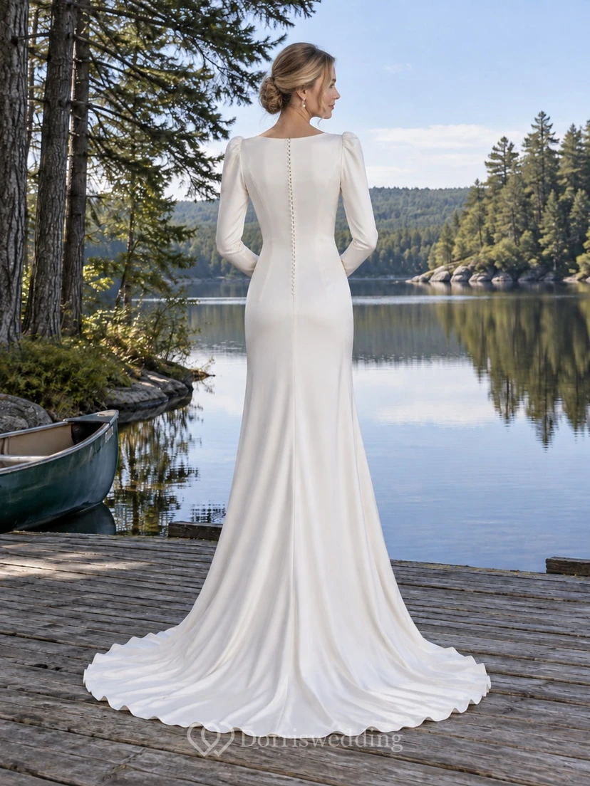Bateau-Neck Long-Sleeve Charmeuse Wedding Dress with Buttoned Back and Sweep Train view 2