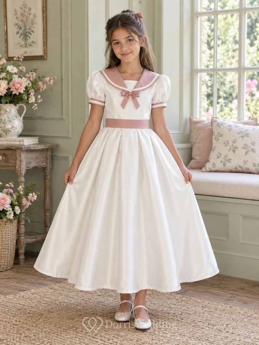 Ankle-length Vintage White A-Line Satin Puff-Sleeve Sailor-Collar Rose-Trimmed Flowergirl Dress