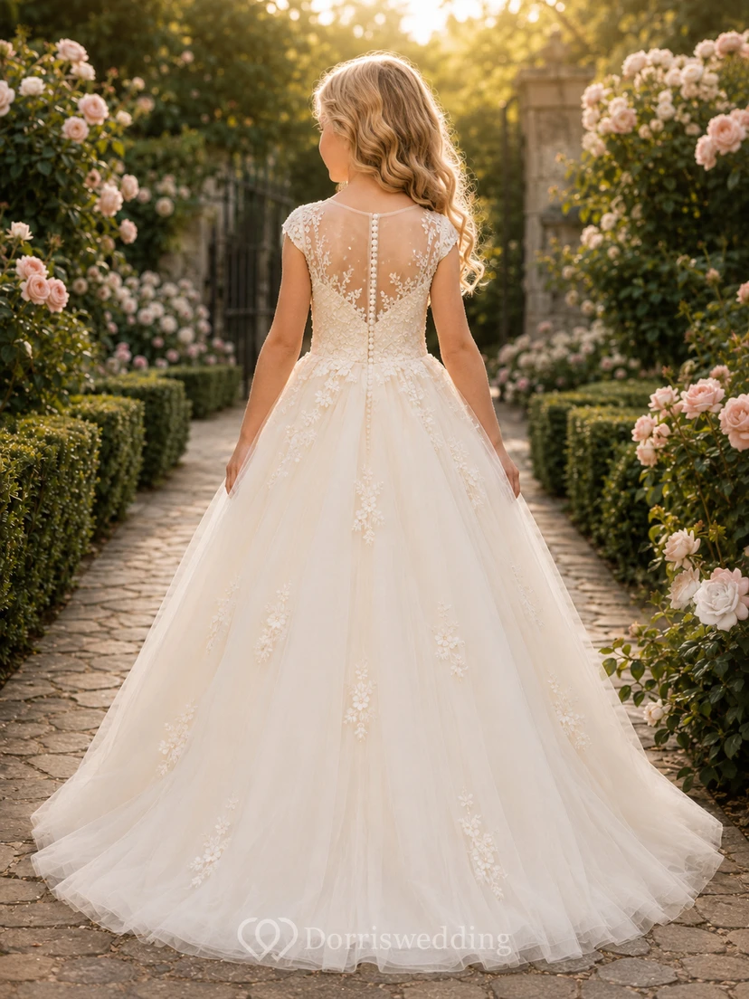 Blumenmädchenkleid, elfenbeinfarbenes Ballkleid aus Spitze und Tüll, Rundhalsausschnitt, bodenlang view 2