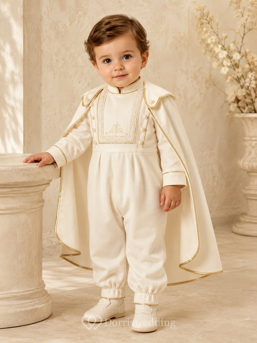 Classic Cream Long Sleeve High Neck Cape Baby Christening Jumpsuit