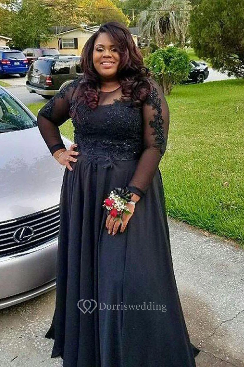 A-Line Satin Lace Jewel Long Sleeve Zipper Dress