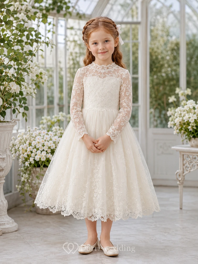 Schlichtes, hochgeschlossenes, langärmeliges Blumenmädchen-Gartenkleid aus Spitze und Tüll in Teelänge mit floralem Muster