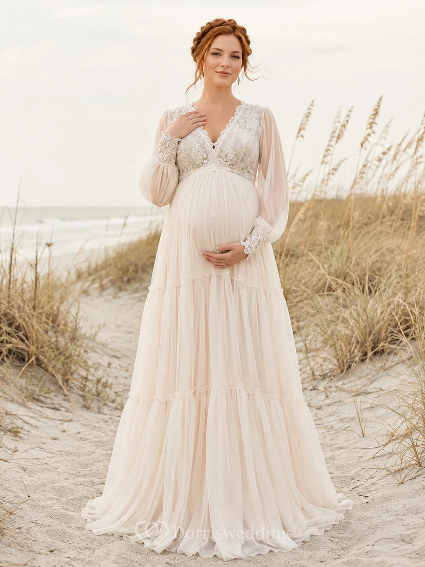 Boho-Umstandsbrautkleid, langärmelig, mit Spitzenoberteil, A-Linien-Schnitt und hohem Kragen