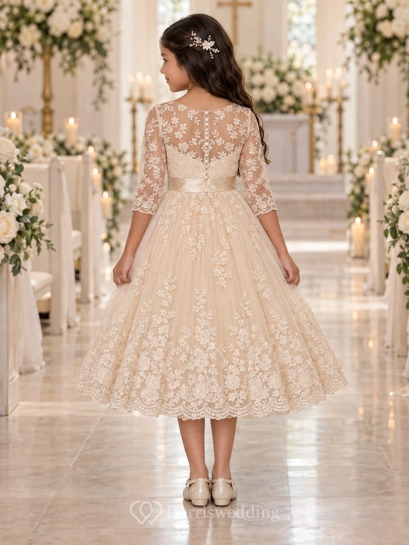 Vestido de niña de flores de corte A con encaje, estampado floral color champán, manga tres cuartos y fajín, hasta la rodilla. view 2