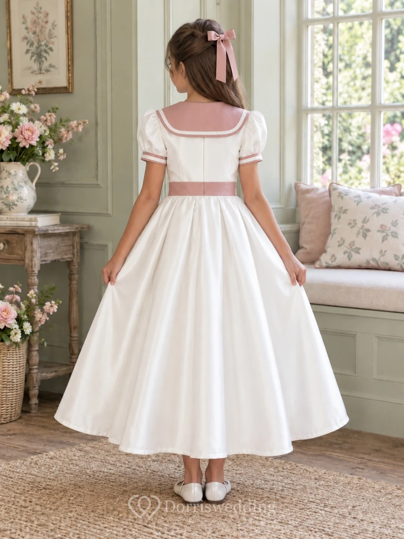 Ankle-length Vintage White A-Line Satin Puff-Sleeve Sailor-Collar Rose-Trimmed Flowergirl Dress view 2