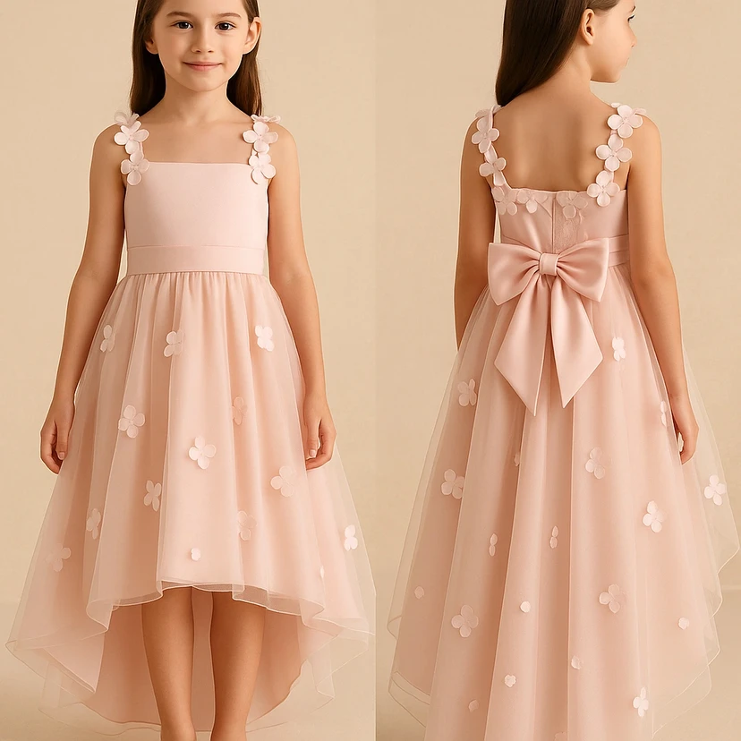 Pink High-low Chiffon Flowergirl Dress with Back Bow view 3