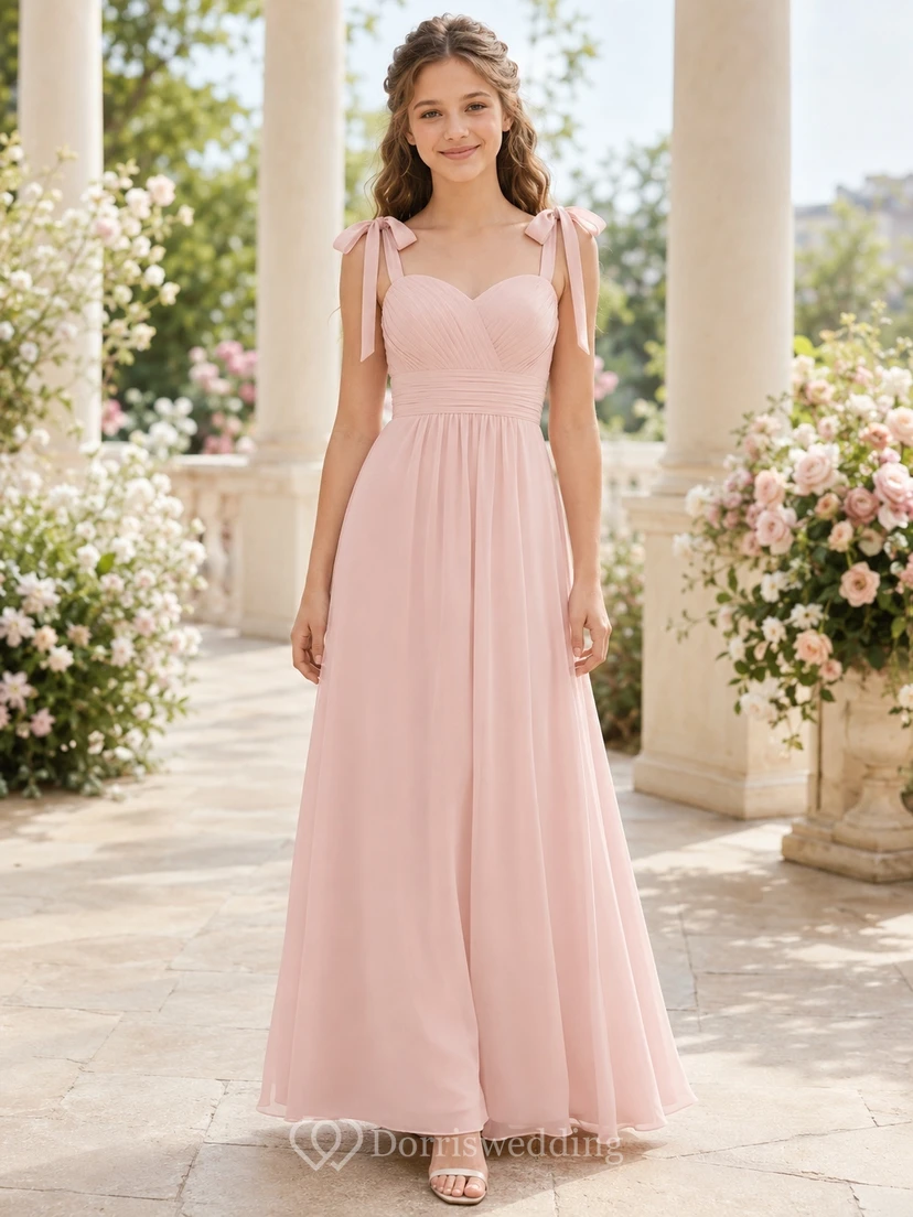 Zartrosa Brautjungfernkleid, A-Linie, Spaghettiträger, ärmellos, mit Schleife/Band, elegant und romantisch