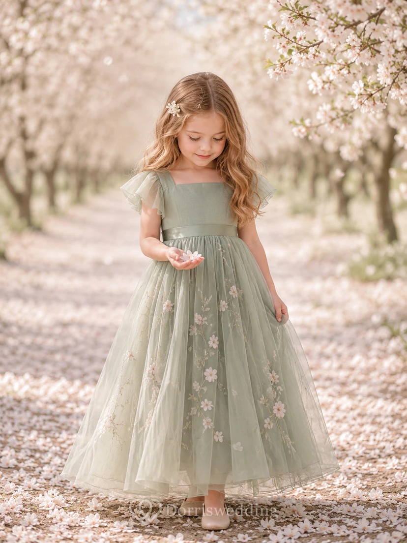 Tüll-Blumenmädchenkleid mit Puffärmeln