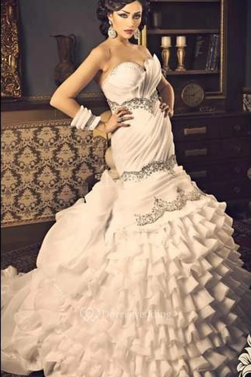 Meerjungfrauen-Hochzeitskleider in Weiß, Glitzer-Organza, neue sexy Abendkleider