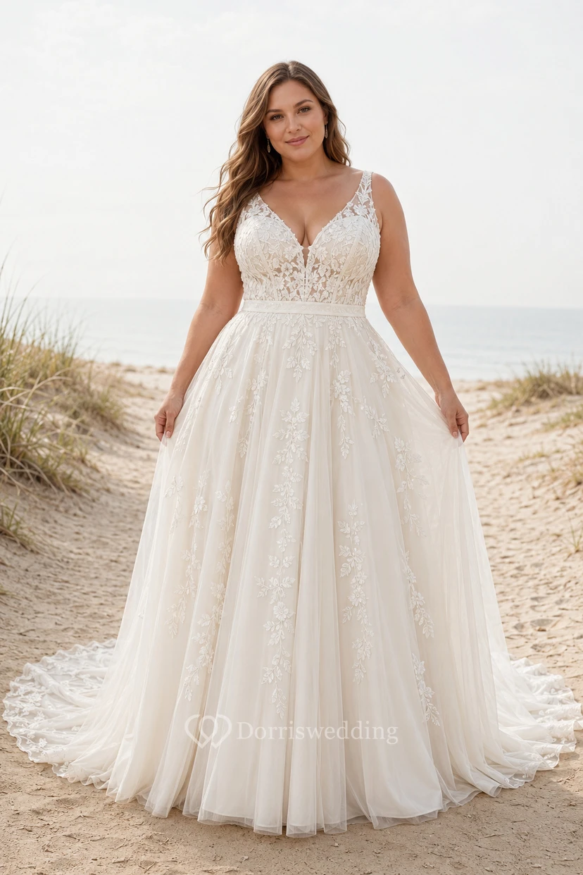 Plus Size V-Neck Straps Tulle A-Line Wedding Dress with Lace Bodice