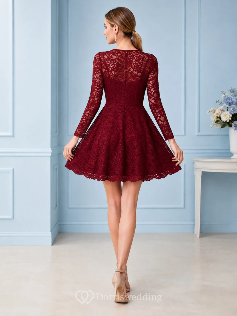 Weinrotes, hochgeschlossenes, kurzes A-Linien-Cocktailkleid mit Muschelsaum und Spitze für den Homecoming-Ball view 2