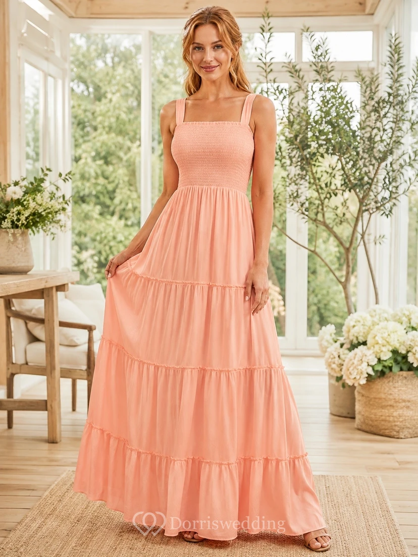Casual Coral Chiffon A-Line Floor-Length Square Neck Tiered Ruffle Maxi Dress