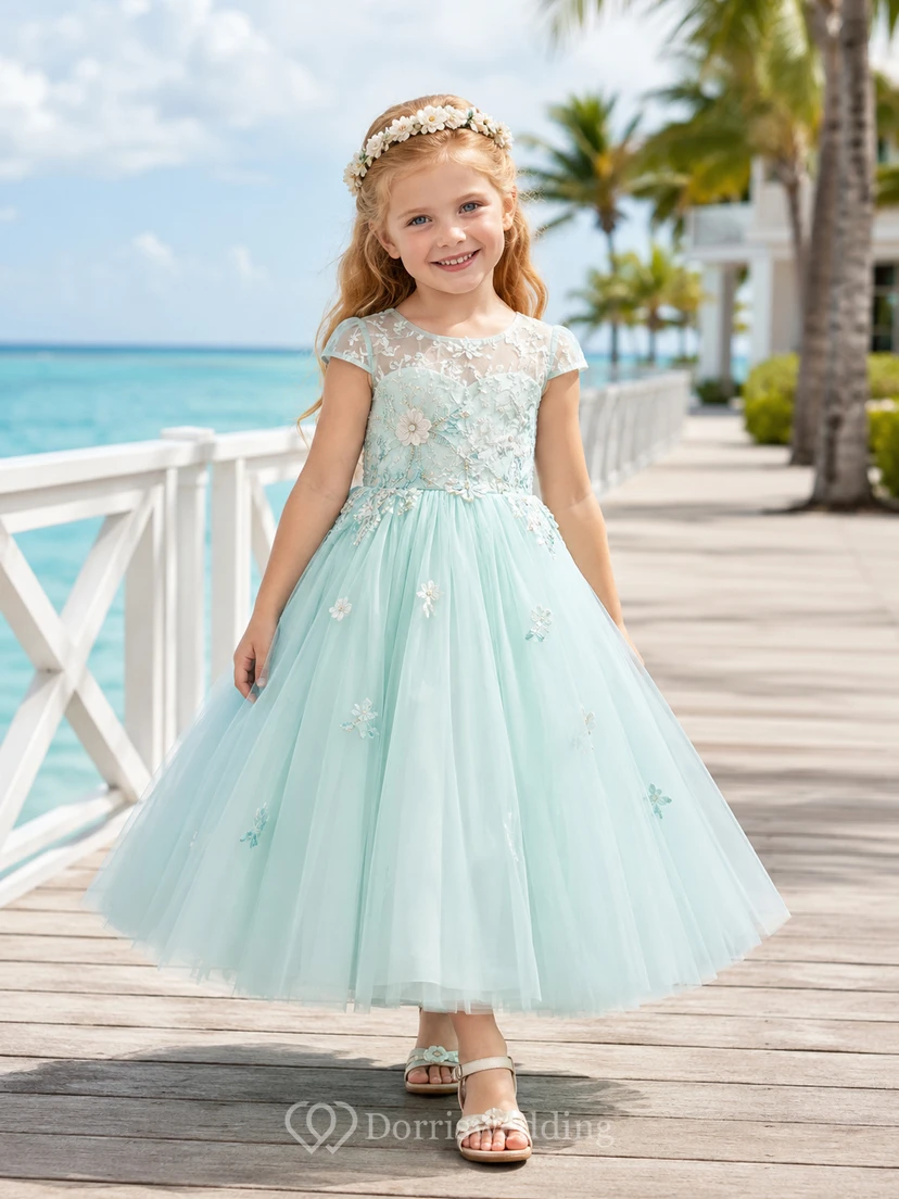 Adorable A-Line Flower Girl Dress with Jewel Neck Lace Bodice Mint Tulle Garden Celebration