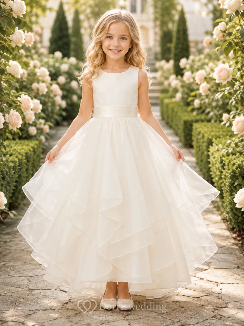 Flower Girl Dress Ivory Tulle A-Line Jewel Neck Tea Length Ruffle Detail