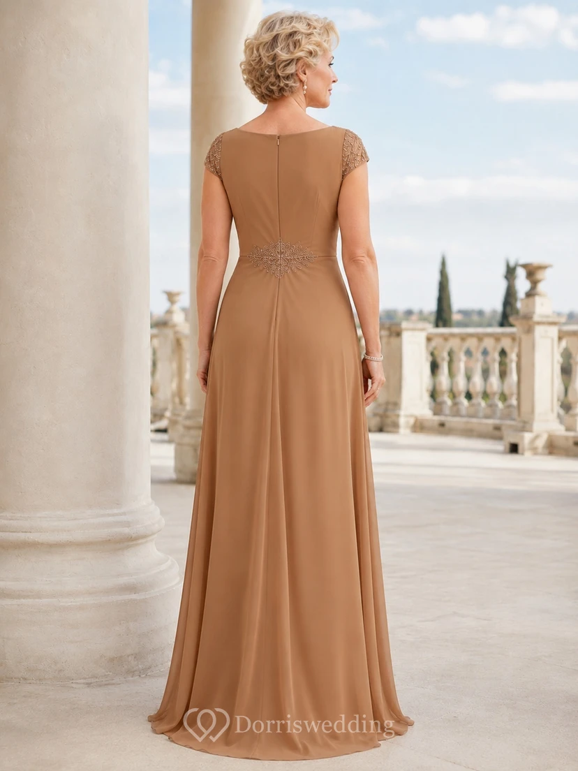 Taupe Cap Sleeve Jewel Neck Chiffon A-Line Floor-Length Modest Mother Dress view 2