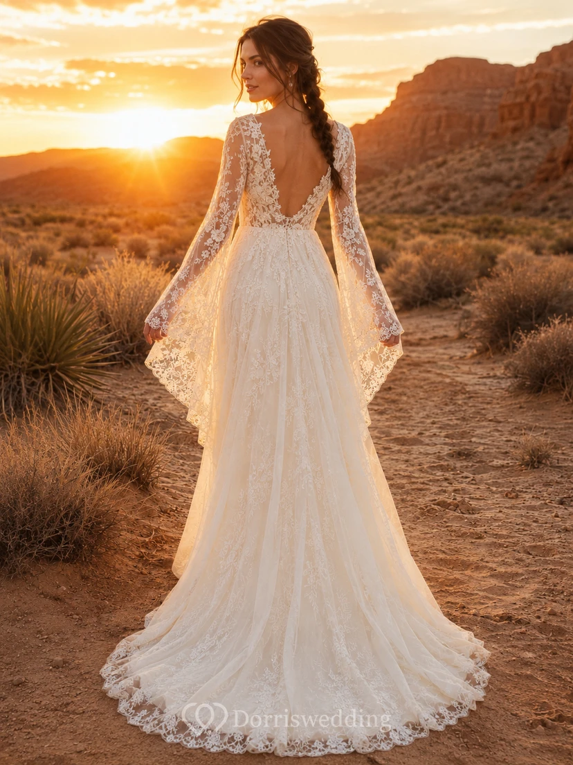 Boho V Neck Lace Bell Sleeve Sunset Bridal Gown view 2