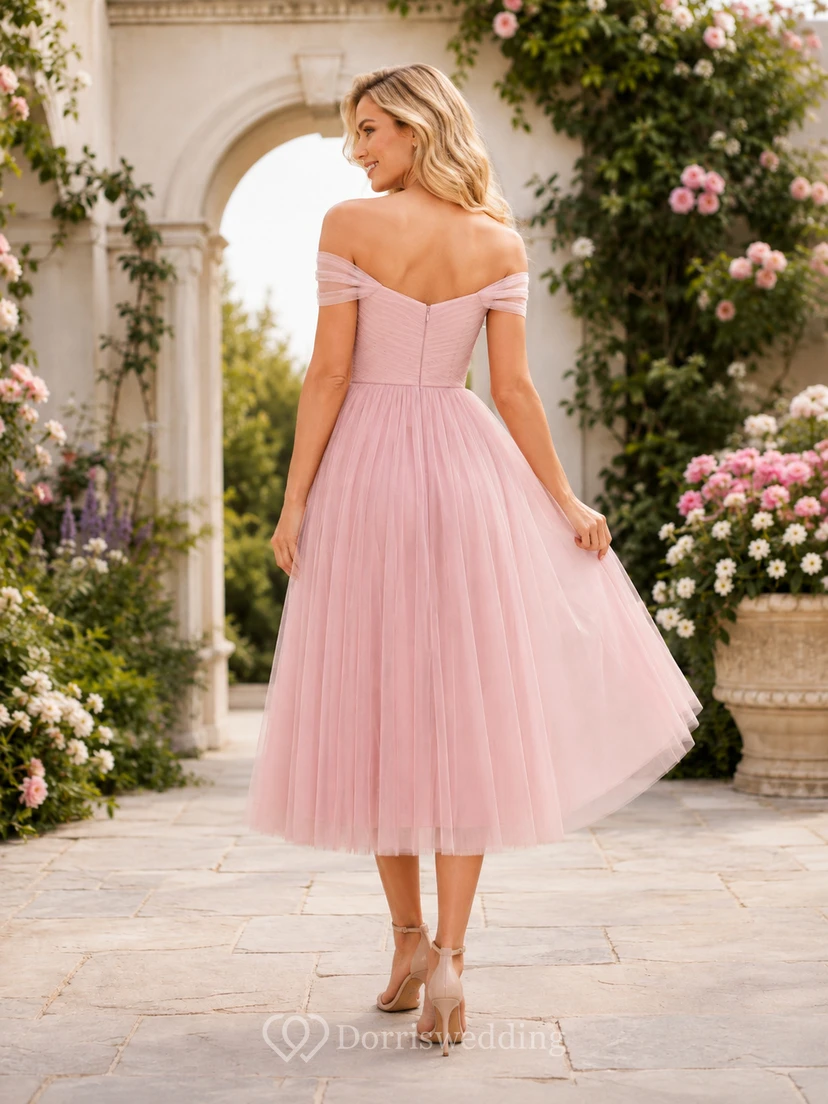 Romantisches Brautjungfern-Cocktailkleid in Perlmuttrosa mit schulterfreiem Herzausschnitt und Chiffon-A-Linien-Schnitt in Teelänge view 2